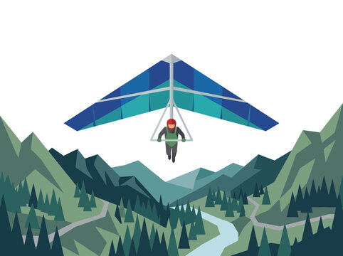 Person flying a hang glider over mountains