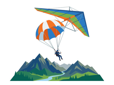 Hang glider and parachute over mountains