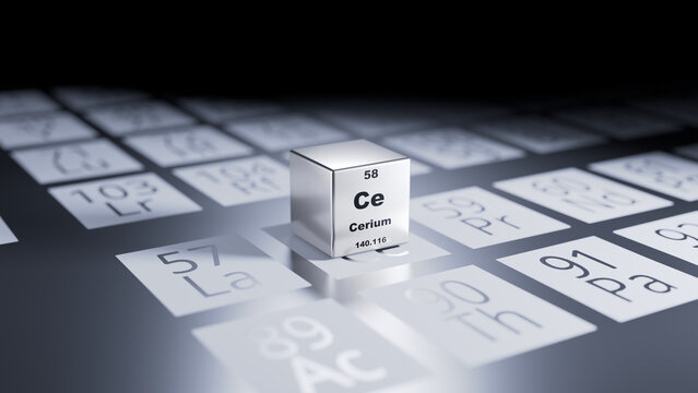 3D Render, cerium element cube on a periodic table background