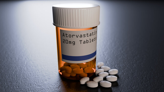 Atorvastatin medication cholesterol-lowering tablets, 3D rendered.