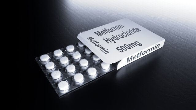 Metformin hydrochloride 500mg tablets for Type 2 Diabetes Treatment, 3d render.