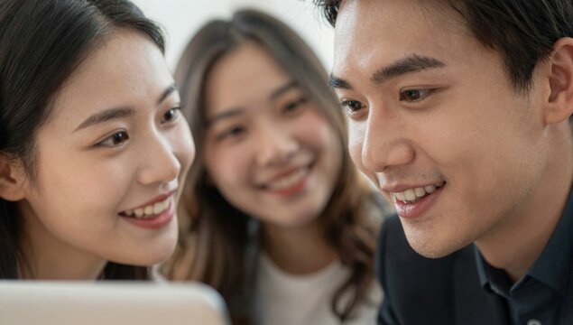 Close up of three smiling young Asian colleagues looking at a screen together during a cheerful team moment in a bright office