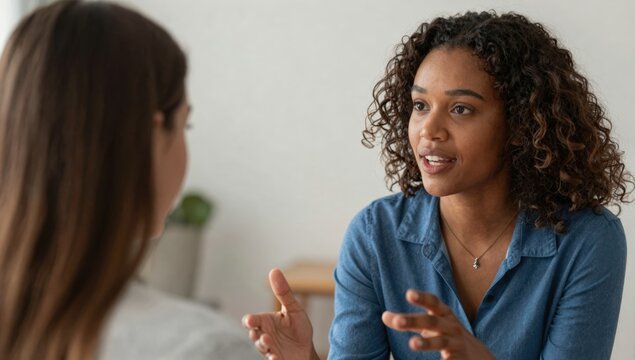 Young African American woman in a denim shirt explaining her point with hand gestures during a one on one conversation at home