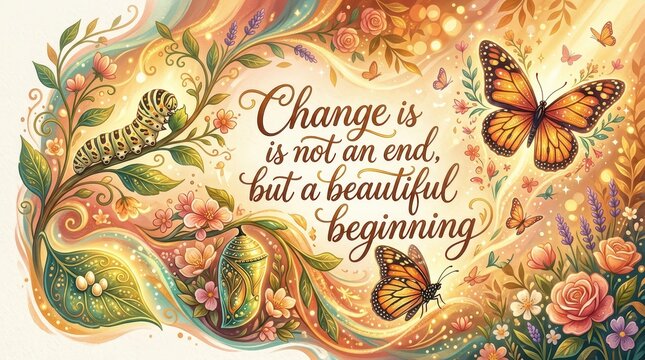Metamorphosis Transformation: Caterpillar, Chrysalis, and Butterflies with Inspirational Quote on Beautiful Beginning