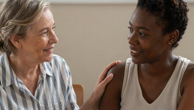Senior woman resting a caring hand on the shoulder of a smiling younger African American woman during a warm supportive conversation