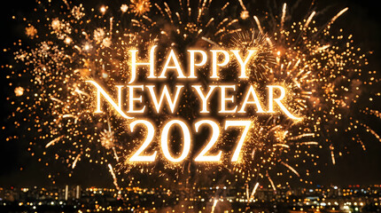 Naklejka premium Festive happy new year 2027 celebration with sparkling lights and fireworks display