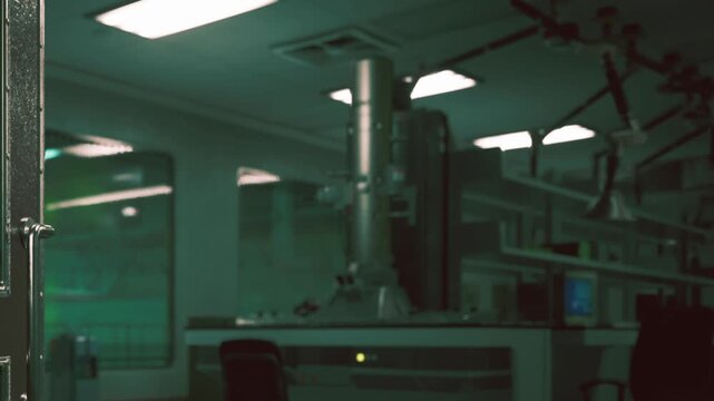 A door opens to reveal a lab area filled with equipment. Monitors are present on tables. The lighting is bright. People may be working in the background.