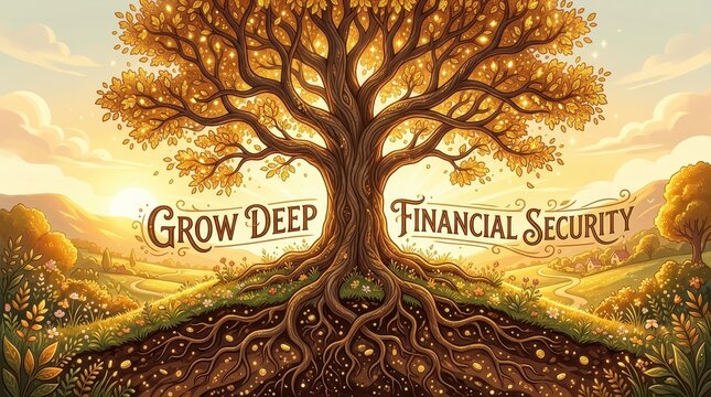 Metaphorical Tree of Financial Security with Growing Roots and Golden Foliage in a Sunrise Landscape