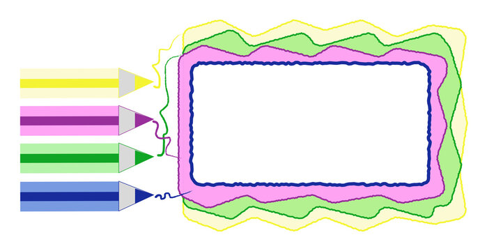 Four colored pencils yellow, green, purple, blue on the left draw squiggly wavy lines forming layered nested borders around a central white space for text.
