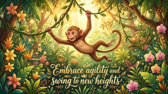 Playful monkey swinging on vines in a vibrant, lush jungle with exotic flowers and golden sunlight, inspiring agility and new beginnings.