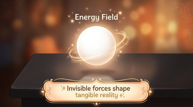 Mystical glowing energy sphere with orbiting rings, symbolizing an energy field and invisible forces shaping tangible reality