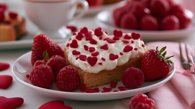 A slice of cake topped with cream and heart shaped deco ns  surrounded by fresh strawberries and raspberries on a plate