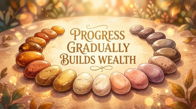 Metaphor of progress gradually building wealth represented by a semi-circle of smooth stones in warm, inviting light
