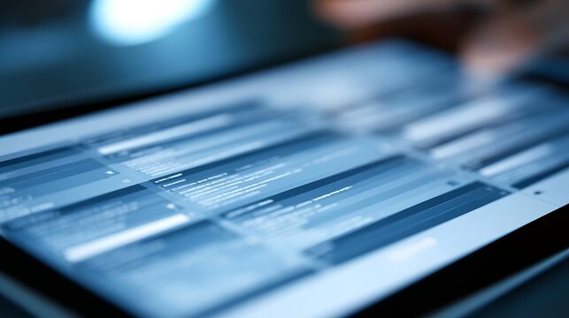 A close up view of a digital interface on a screen with blurred text and a hand in the background