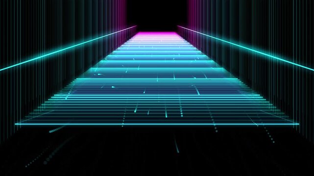 Glowing neon futuristic stairs changing colors in a dark digital tunnel, virtual perspective cyber runway with magenta and cyan light lines