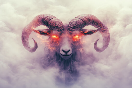 Mystical ram head with red glowing eyes surrounded by smoke on pale background.