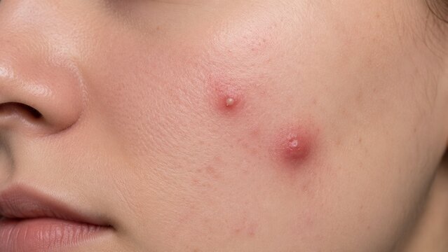 Close-up of Acne Pustules and Inflamed Skin on Woman's Cheek, Dermatological Condition and Skincare Concept
