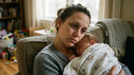 Fototapeta premium Young tired mother sits on sofa cradling sleeping newborn in cluttered living room, with soft daylight, casual clothes, weary expression, and calm intimate home atmosphere surrounding quiet family