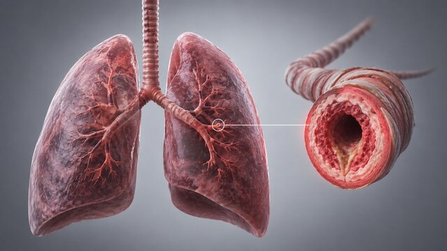 3D Medical Illustration of Human Lungs with Bronchial Airway Inflammation and Mucus Accumulation