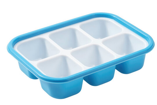 Blue plastic storage tray with six white compartments for kitchen freezer.