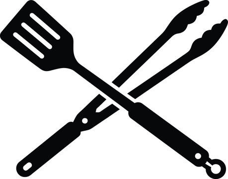 Black silhouette of a spatula and tongs crossed against a white background