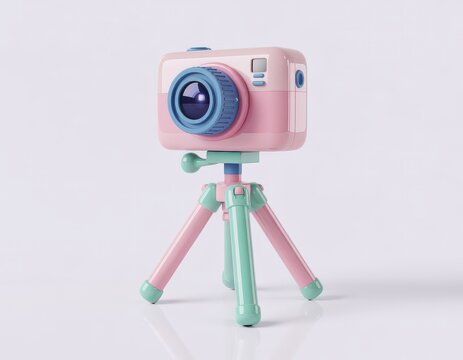 Pink toy camera on a green tripod for children isolated on transparent background
