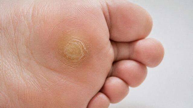Macro Detail of a Plantar Wart or Corn on Human Foot Sole, Podiatry and Dermatological Skin Care Treatment Concept
