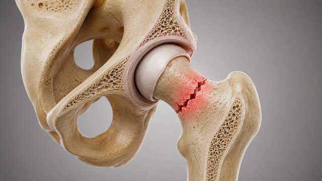 3D Medical Illustration of a Hip Fracture showing a Femoral Neck Break with Red Highlights on Anatomical Bone Structure