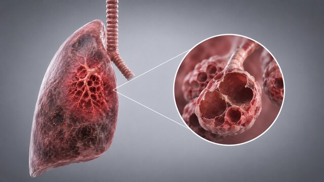 Medical Illustration of Human Lung with Emphysema and Alveoli Damage, Chronic Obstructive Pulmonary Disease (COPD)