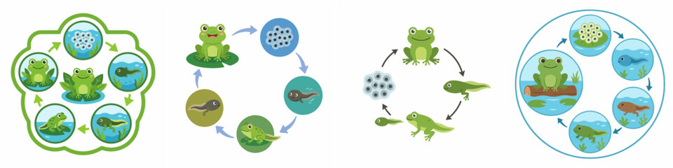 Fototapeta premium Frog life cycle vector set showing metamorphosis stages from egg to adult for educational use.