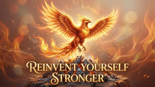 Majestic fiery phoenix rising from ashes on a rock, symbolizing rebirth, resilience, and transformation with inspirational text 'Reinvent Yourself Str