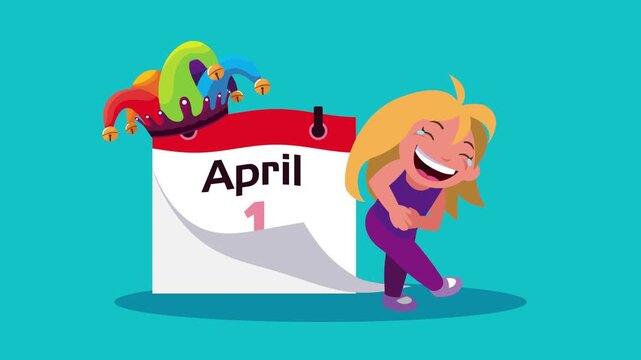 Happy april fools day celebration with little girl laughing and calendar, motion graphic.