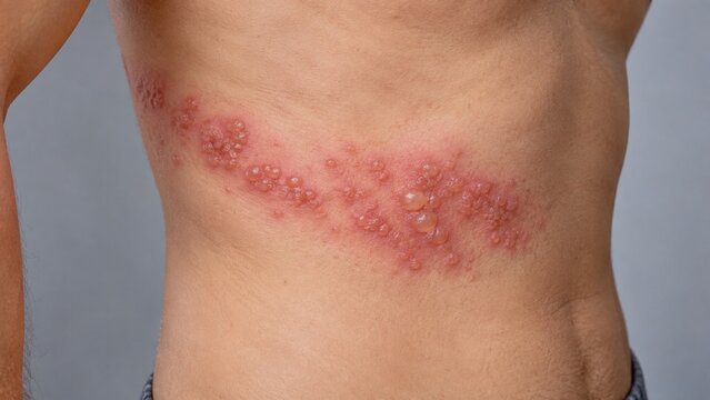 Close-Up of Herpes Zoster Shingles Rash with Blisters on Human Torso - Medical Dermatology Case Study