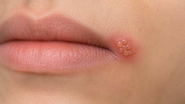 Medical Close-Up of Cold Sore Vesicles on Human Lip Corner, Herpes Simplex Virus Type 1 (HSV-1) Infection