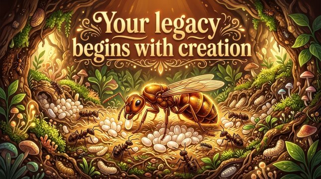 Majestic Queen Ant Tends to Her Colony's Future Amidst a Lush Forest Floor with Text 'Your Legacy Begins With Creation'