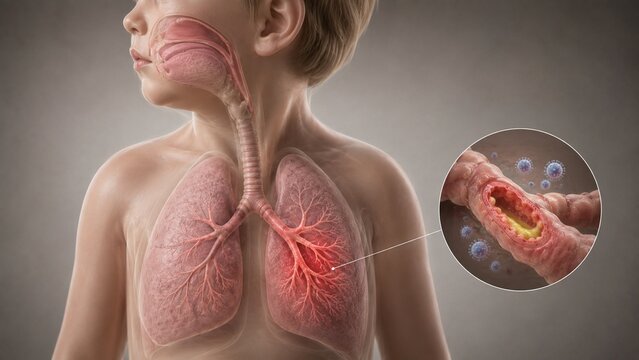 Medical Illustration of Child Respiratory System with Lung Inflammation and Viral Bronchitis Detail
