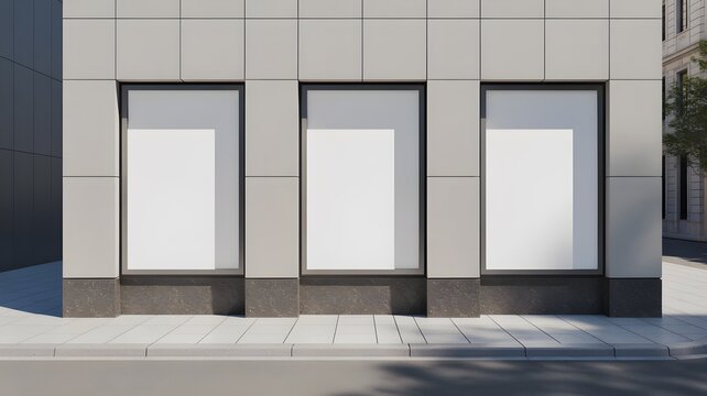Three blank vertical window display posters on a modern building