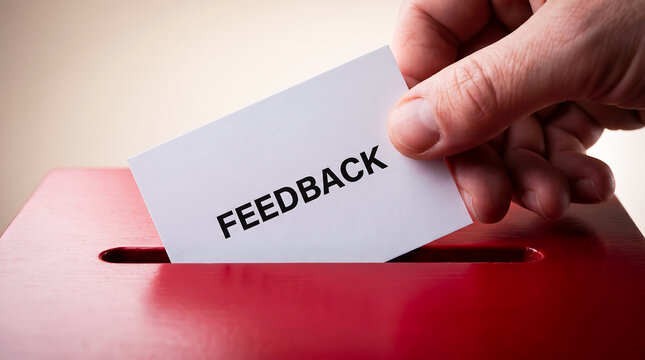 Hand inserting a white card with feedback text into a red wooden suggestion box close up view.