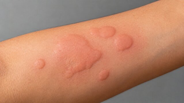 Severe Allergic Skin Reaction with Raised Hives and Urticaria Welts on Human Arm