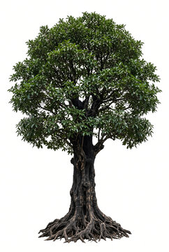 Mature Kamagong ebony tree, dark textured trunk with dense glossy green canopy and exposed roots, full tree visible, 23 ratio, isolated on seamless pure white background