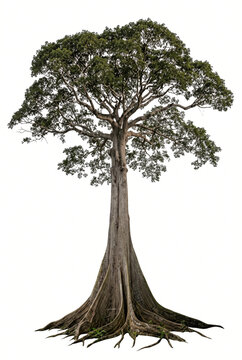 Mature Ceiba tree, massive buttressed trunk with broad spreading tropical canopy and prominent exposed roots, full tree visible, 23 ratio, isolated on seamless pure white background