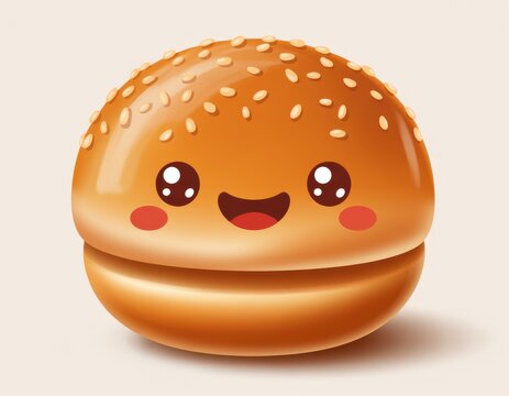Cute cartoon burger with happy face and sesame seeds on top isolated on transparent background