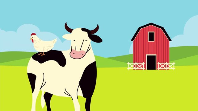 Animation of farm landscape featuring cow and chicken on background of red barn and green hills under blue sky.