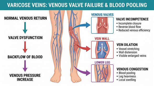 Understanding varicose veins and venous valve failure leading to blood pooling