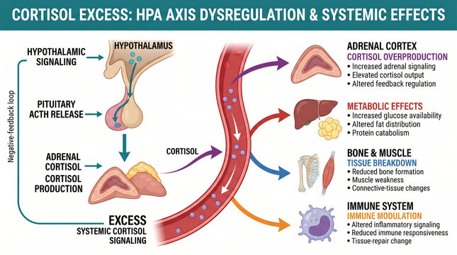 Cortisol excess disrupts HPA axis and causes systemic effects on body