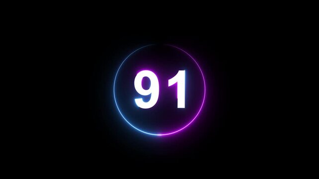 A dynamic circular animation, and glowing count neon number 91 animation . on a black background. and creating a stunning 4k video.