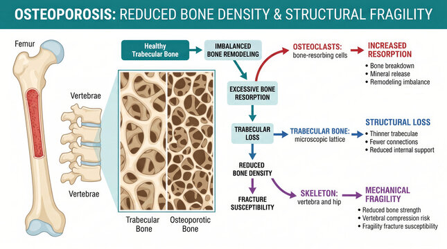 Osteoporosis explained: reduced bone density and structural fragility in bones