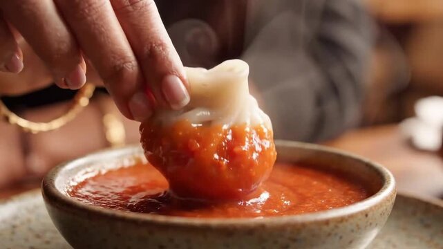 Close Up of Hand Dipping Steamed Dumpling into Spicy Red Chili Dip