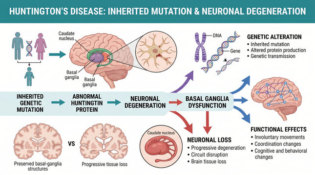 Huntington's disease genetic mutation leads to neuronal degeneration and brain dysfunction