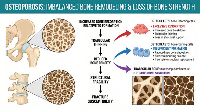 Osteoporosis bone remodeling imbalance leading to loss of bone strength and fragility